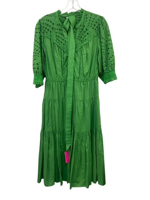 Suncoo Size T2 Green Cotton Half Sleeve Eyelet Detail Button Up Midi Dress Green / T2