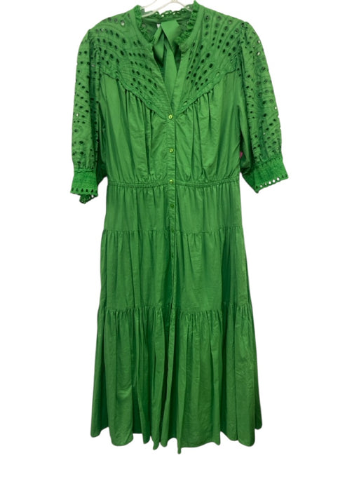 Suncoo Size T2 Green Cotton Half Sleeve Eyelet Detail Button Up Midi Dress Green / T2