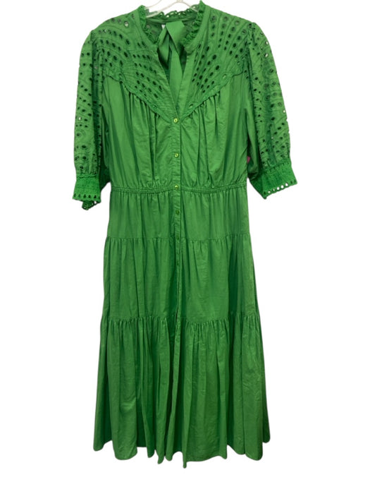 Suncoo Size T2 Green Cotton Half Sleeve Eyelet Detail Button Up Midi Dress Green / T2