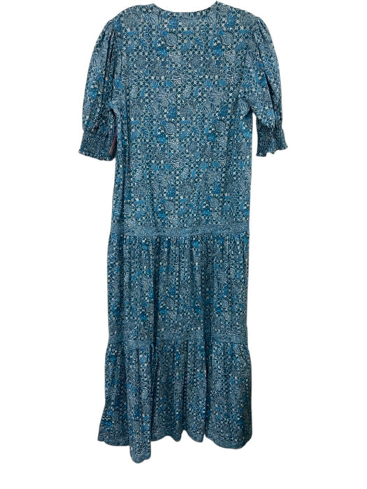 Hill House Size M Blue & White Cotton Half Balloon Sleeve Floral Button Up Dress Blue & White / M