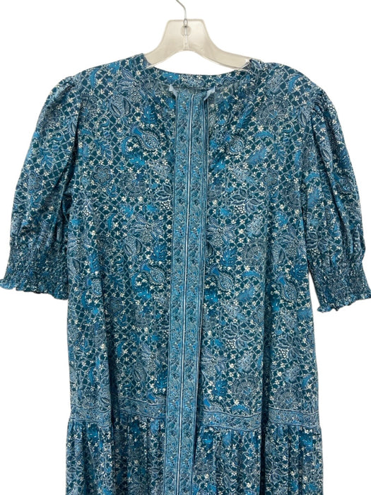 Hill House Size M Blue & White Cotton Half Balloon Sleeve Floral Button Up Dress Blue & White / M