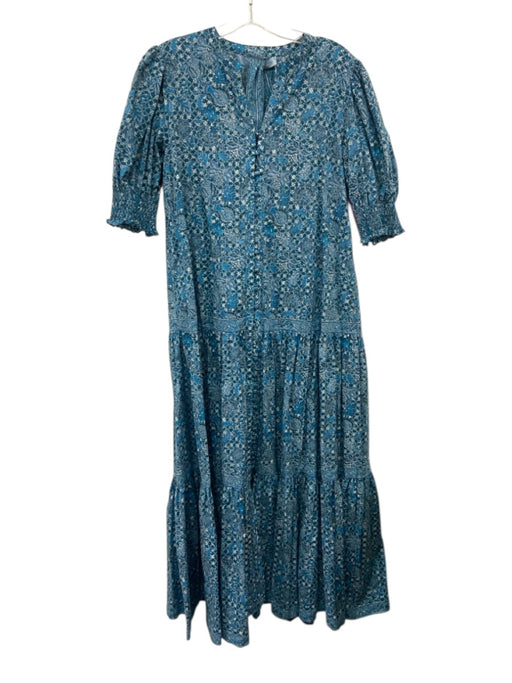 Hill House Size M Blue & White Cotton Half Balloon Sleeve Floral Button Up Dress Blue & White / M
