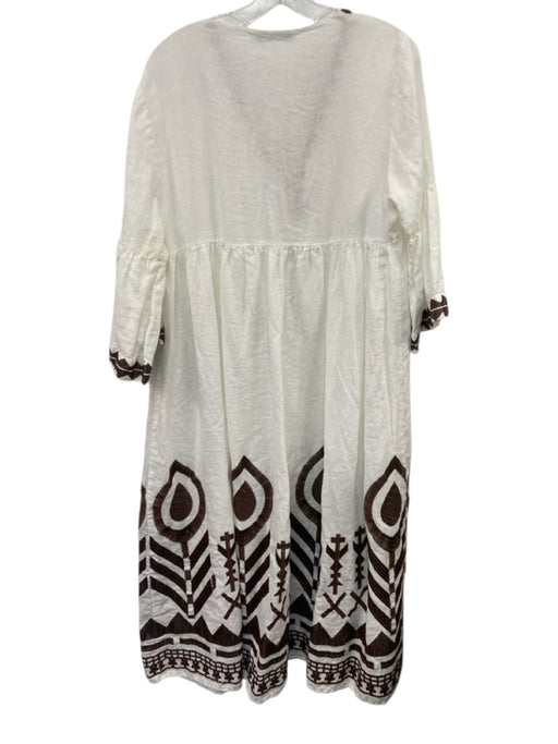 Greek Archaic Kori Size M White & Brown Linen 3/4 Sleeve V Neck Midi Dress White & Brown / M