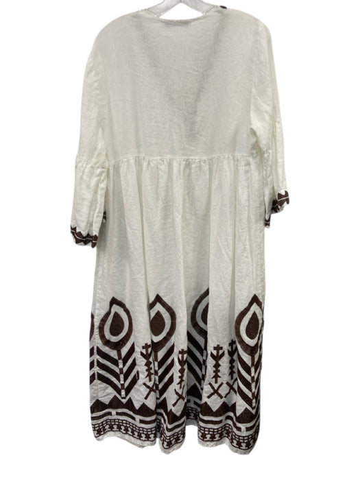 Greek Archaic Kori Size M White & Brown Linen 3/4 Sleeve V Neck Midi Dress White & Brown / M
