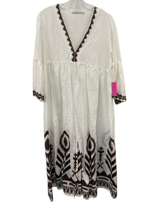 Greek Archaic Kori Size M White & Brown Linen 3/4 Sleeve V Neck Midi Dress White & Brown / M