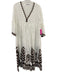 Greek Archaic Kori Size M White & Brown Linen 3/4 Sleeve V Neck Midi Dress White & Brown / M