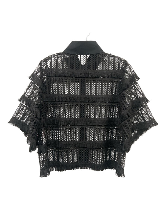 Pearl by Lela Rose Size M Black 3/4 Sleeve Fringe Detail Unlined Button up Top Black / M