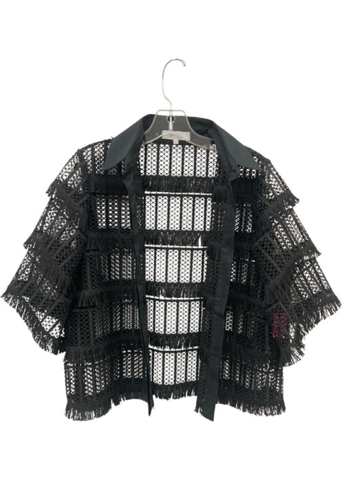 Pearl by Lela Rose Size M Black 3/4 Sleeve Fringe Detail Unlined Button up Top Black / M