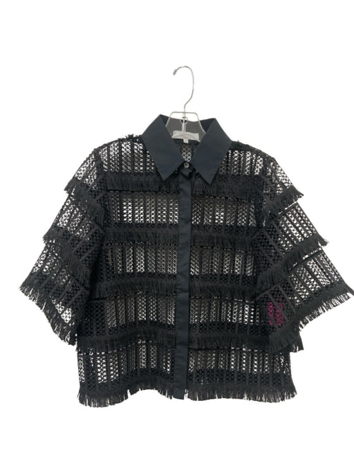Pearl by Lela Rose Size M Black 3/4 Sleeve Fringe Detail Unlined Button up Top Black / M