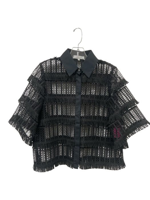 Pearl by Lela Rose Size M Black 3/4 Sleeve Fringe Detail Unlined Button up Top Black / M