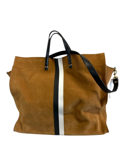 Clare V Tan, Black & White Leather Suede Stripe Detail Magnetic Close Tote Bag Tan, Black & White