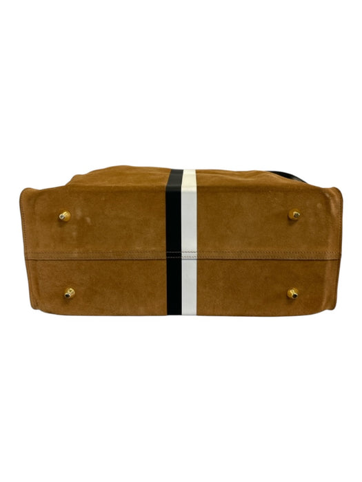 Clare V Tan, Black & White Leather Suede Stripe Detail Magnetic Close Tote Bag Tan, Black & White
