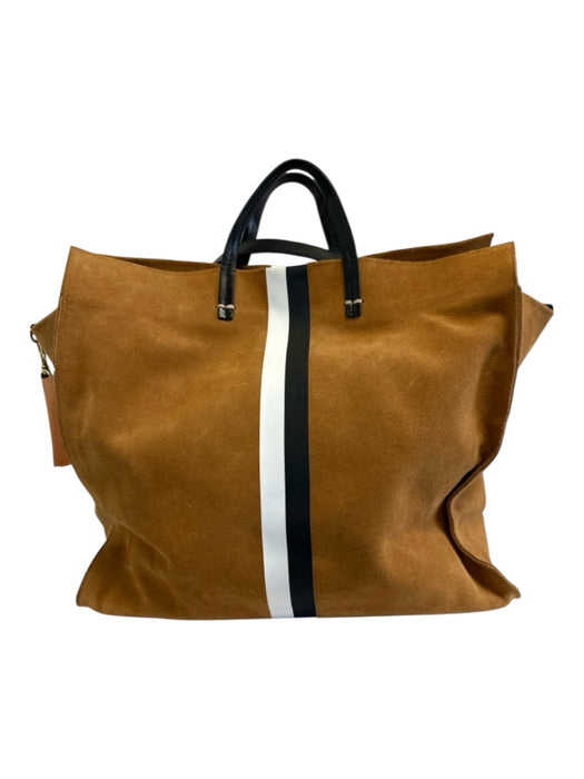 Clare V Tan, Black & White Leather Suede Stripe Detail Magnetic Close Tote Bag Tan, Black & White