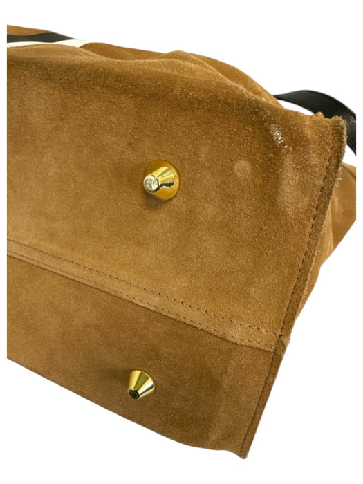 Clare V Tan, Black & White Leather Suede Stripe Detail Magnetic Close Tote Bag Tan, Black & White