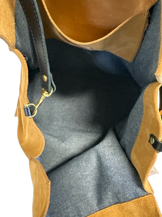 Clare V Tan, Black & White Leather Suede Stripe Detail Magnetic Close Tote Bag Tan, Black & White