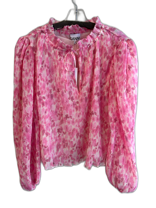 Ganni Size 38 Pink Polyester Long Sleeve Floral Print V Neck Balloon Hem Top Pink / 38