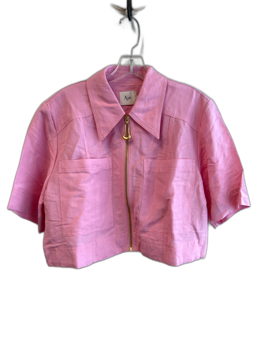 Aje Size 10 Pink Linen Short Sleeve solid color Zip Front Cropped Top Pink / 10