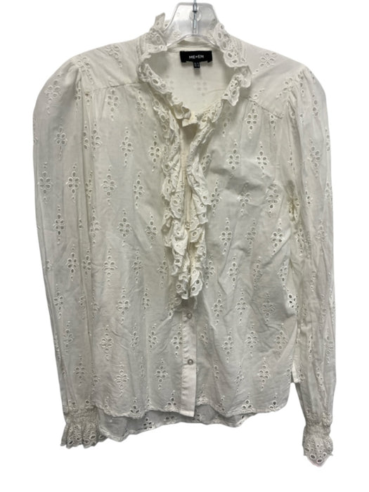 ME+EM Size 6 White Cotton Long Sleeve Eyelet Ruffle Button up Top White / 6