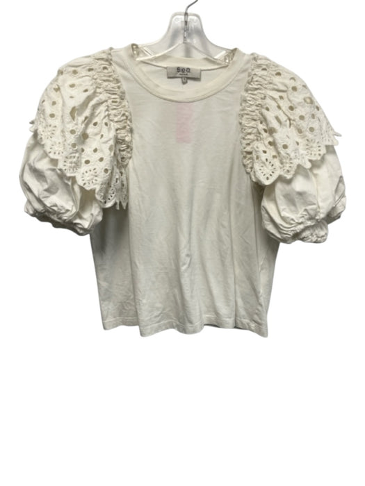 Sea New York Size S White Cotton Eyelets Short Puff Sleeve Layered Top White / S