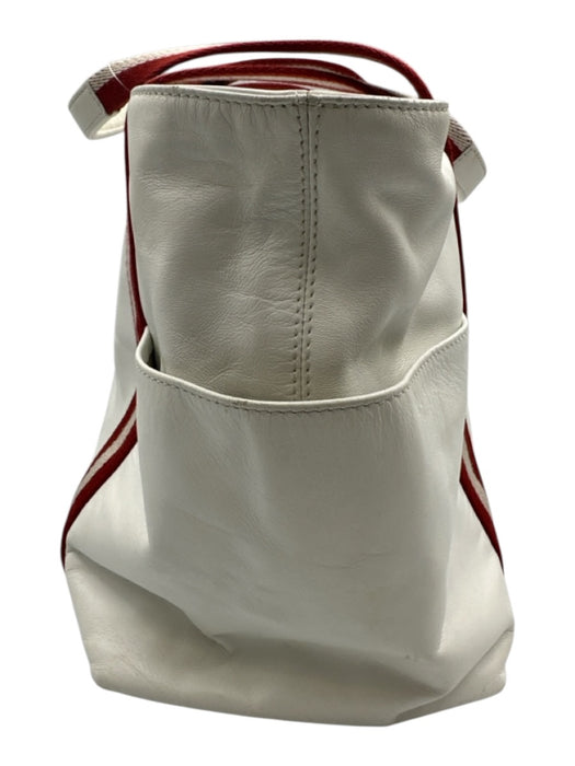 Bally White & Red Leather Zip Top Stripe Detail Side Pocket Tote Bag White & Red