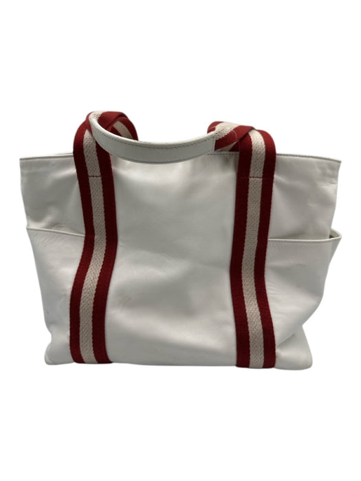 Bally White & Red Leather Zip Top Stripe Detail Side Pocket Tote Bag White & Red