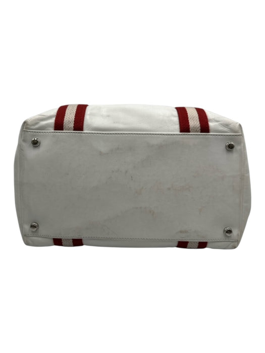 Bally White & Red Leather Zip Top Stripe Detail Side Pocket Tote Bag White & Red