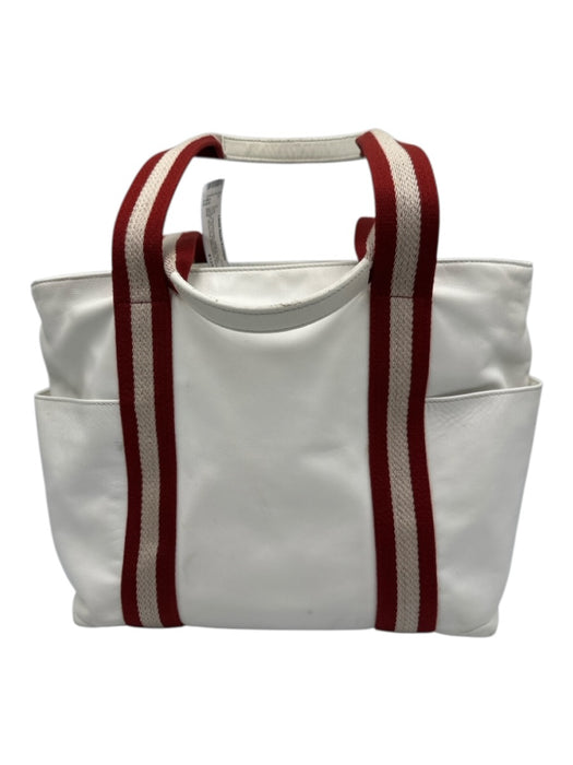 Bally White & Red Leather Zip Top Stripe Detail Side Pocket Tote Bag White & Red