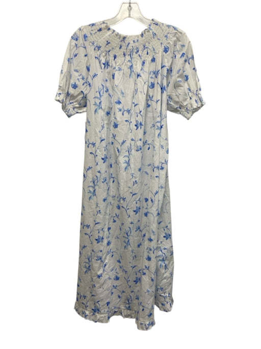 Hill House Size L White & Blue Cotton Short Sleeve Smocked Neck Floral Dress White & Blue / L