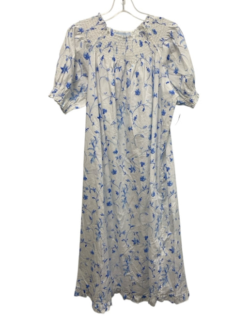 Hill House Size L White & Blue Cotton Short Sleeve Smocked Neck Floral Dress White & Blue / L