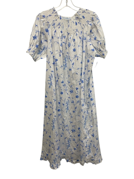 Hill House Size L White & Blue Cotton Short Sleeve Smocked Neck Floral Dress White & Blue / L