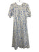 Hill House Size L White & Blue Cotton Short Sleeve Smocked Neck Floral Dress White & Blue / L