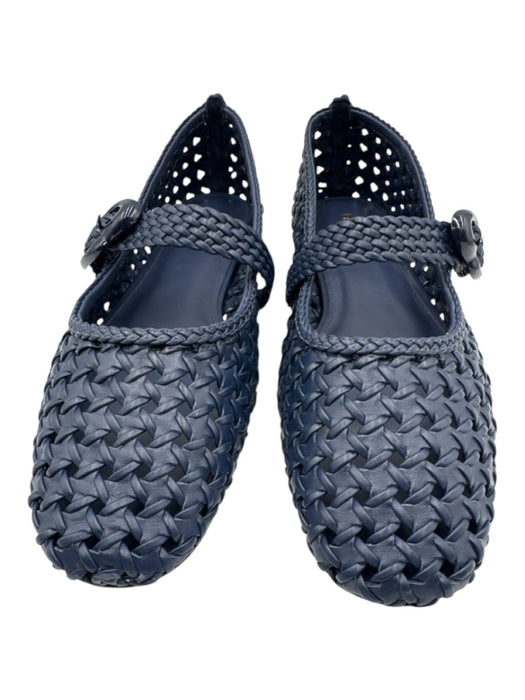 Larroude Shoe Size 11 Navy Blue Leather Woven Buckle Strap Flats Navy Blue / 11