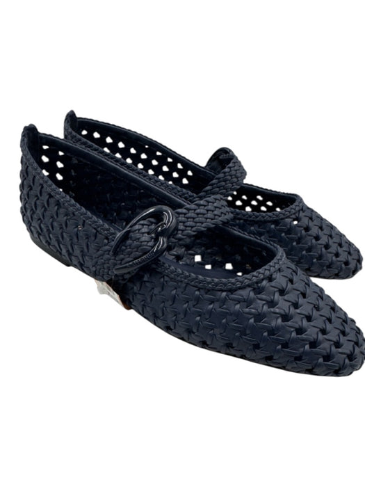 Larroude Shoe Size 11 Navy Blue Leather Woven Buckle Strap Flats Navy Blue / 11