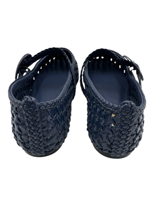 Larroude Shoe Size 11 Navy Blue Leather Woven Buckle Strap Flats Navy Blue / 11