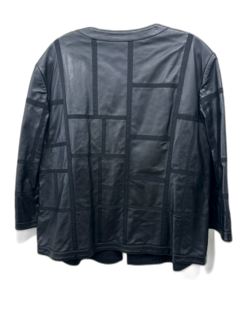 Lafayette 148 Size 16 Black Leather Grossgrain ribbon Paneled Open Front Jacket Black / 16