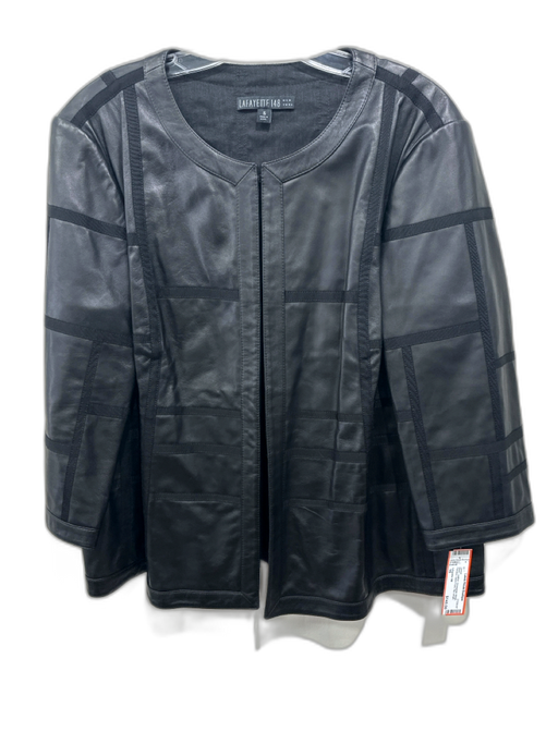 Lafayette 148 Size 16 Black Leather Grossgrain ribbon Paneled Open Front Jacket Black / 16