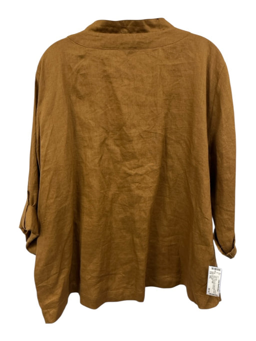 Amelline Size XXL Brown Linen Elastic Waist Button Down Long Sleeve Pant Set Brown / XXL