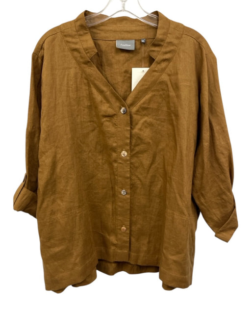 Amelline Size XXL Brown Linen Elastic Waist Button Down Long Sleeve Pant Set Brown / XXL
