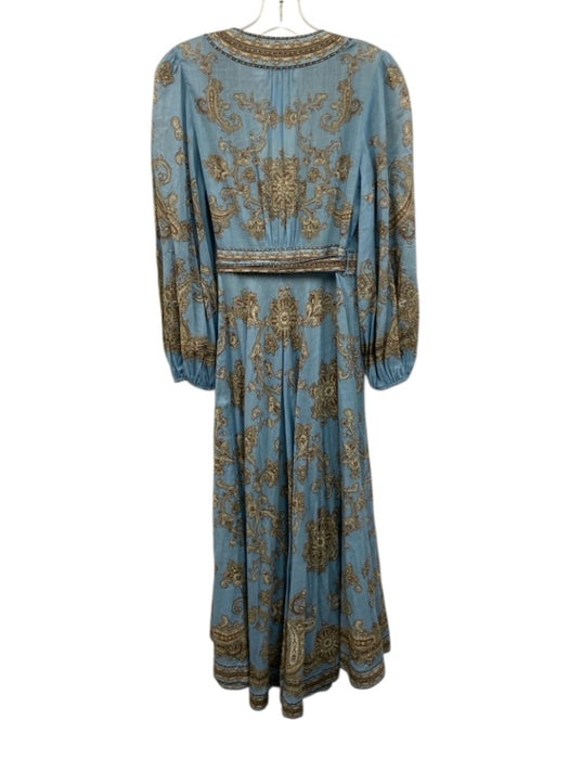 Zimmermann Size 1 Blue, Beige & Brown Cotton Paisley Long Balloon Sleeve Dress Blue, Beige & Brown / 1