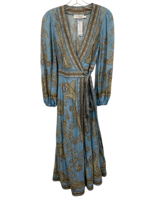 Zimmermann Size 1 Blue, Beige & Brown Cotton Paisley Long Balloon Sleeve Dress Blue, Beige & Brown / 1