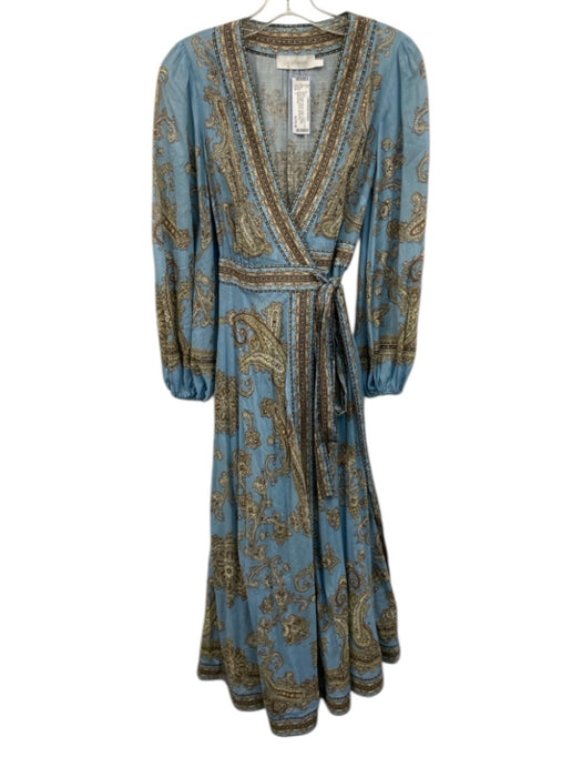 Zimmermann Size 1 Blue, Beige & Brown Cotton Paisley Long Balloon Sleeve Dress Blue, Beige & Brown / 1