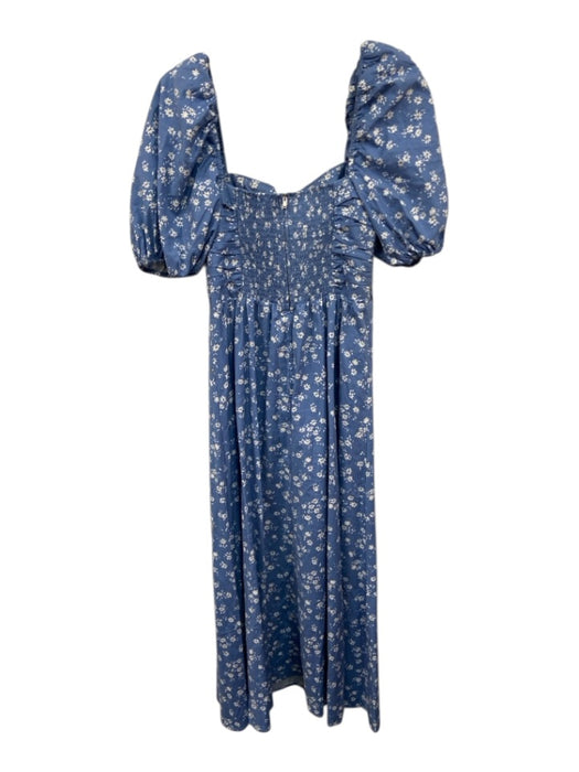 Reformation Size 6 Blue & White Cotton Blend Floral Short Puff Sleeve Dress Blue & White / 6