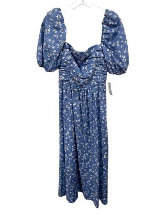 Reformation Size 6 Blue & White Cotton Blend Floral Short Puff Sleeve Dress Blue & White / 6