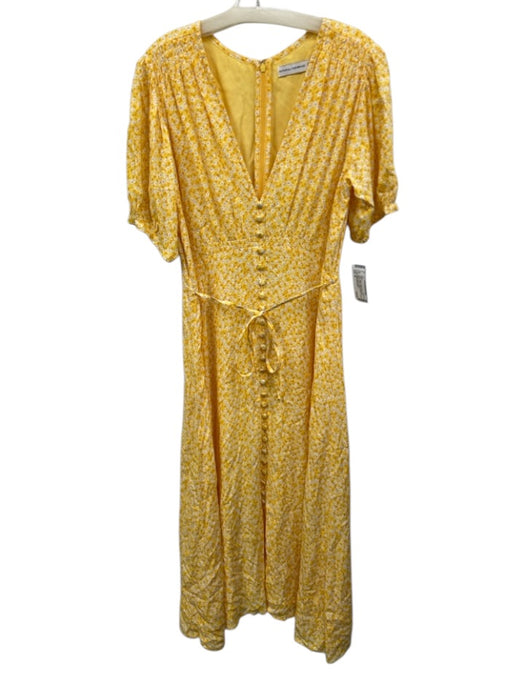 Faithfull the Brand Size M Yellow, White & Blue Rayon Floral V Neck Dress Yellow, White & Blue / M