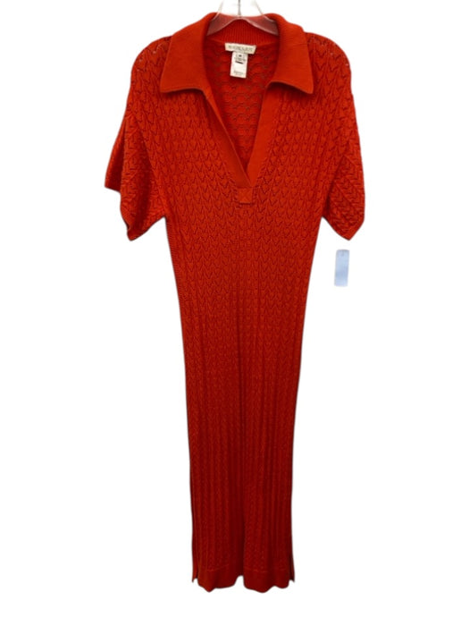 Shona Joy Size M Red Orange Cotton Knit Short Sleeve Collared V Neck Dress Red Orange / M