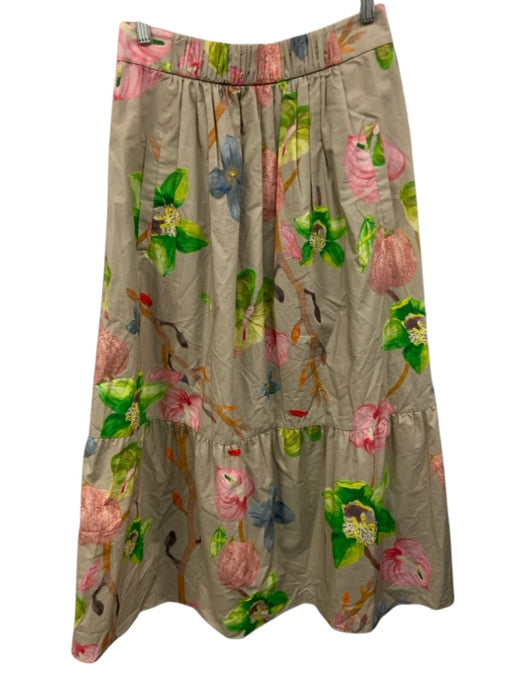 Tibi Size 6 Taupe Beige & Multi Cotton Botanical Gathered Pleating Maxi Skirt Taupe Beige & Multi / 6