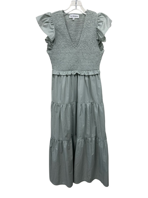 En Saison Size S Green Polyester & Cotton Smocked V Neck Cap Sleeve Dress Green / S