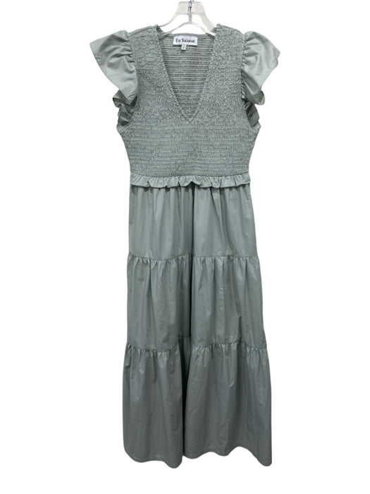 En Saison Size S Green Polyester & Cotton Smocked V Neck Cap Sleeve Dress Green / S