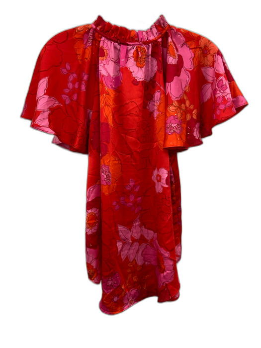 Trina Turk Size M Pink, Red, Orange Polyester Satin Floral Print Top Pink, Red, Orange / M