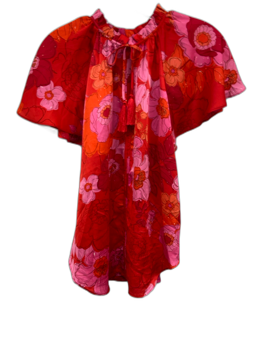 Trina Turk Size M Pink, Red, Orange Polyester Satin Floral Print Top Pink, Red, Orange / M